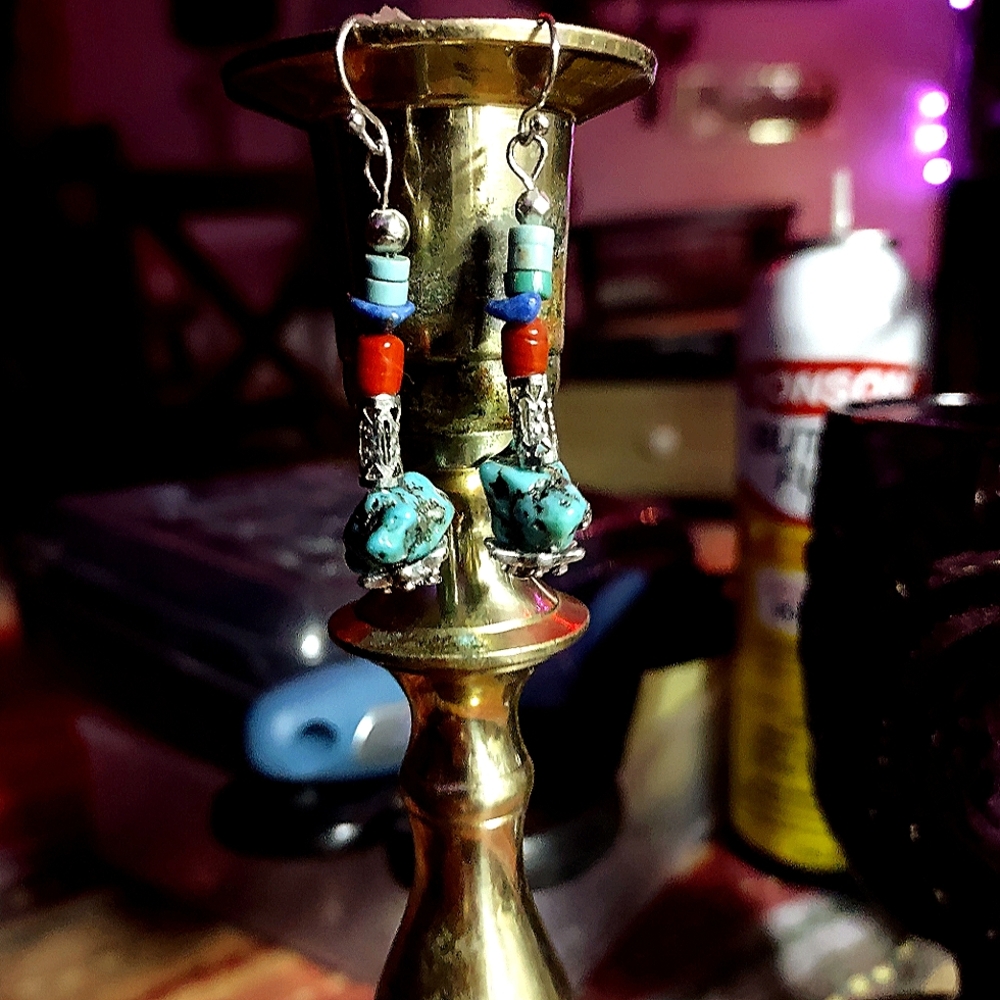 Sterling,Turquoise,Blue Lapis,& Coral Earrings